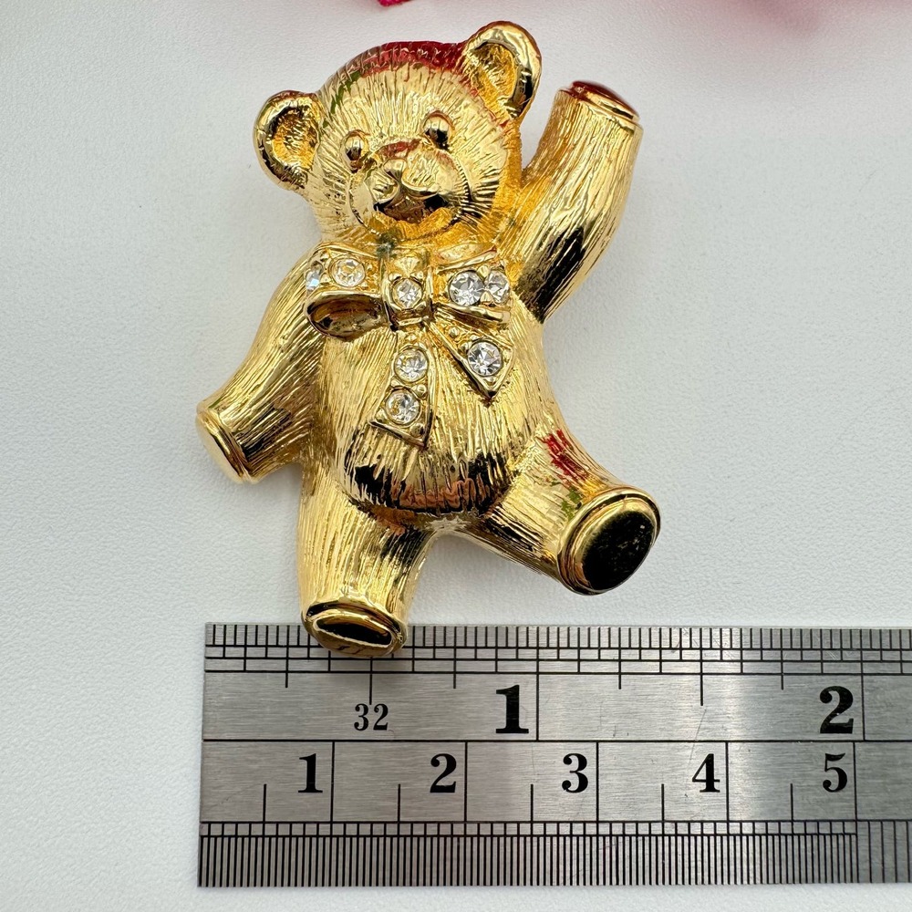 Vintage Avon Waving Teddy Bear Rhinestone Bow Gold Tone - Picture 6 of 8